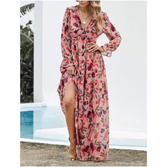 Boho Pink Floral Print V neck Tiered Maxi Dress - Picture 2 of 4